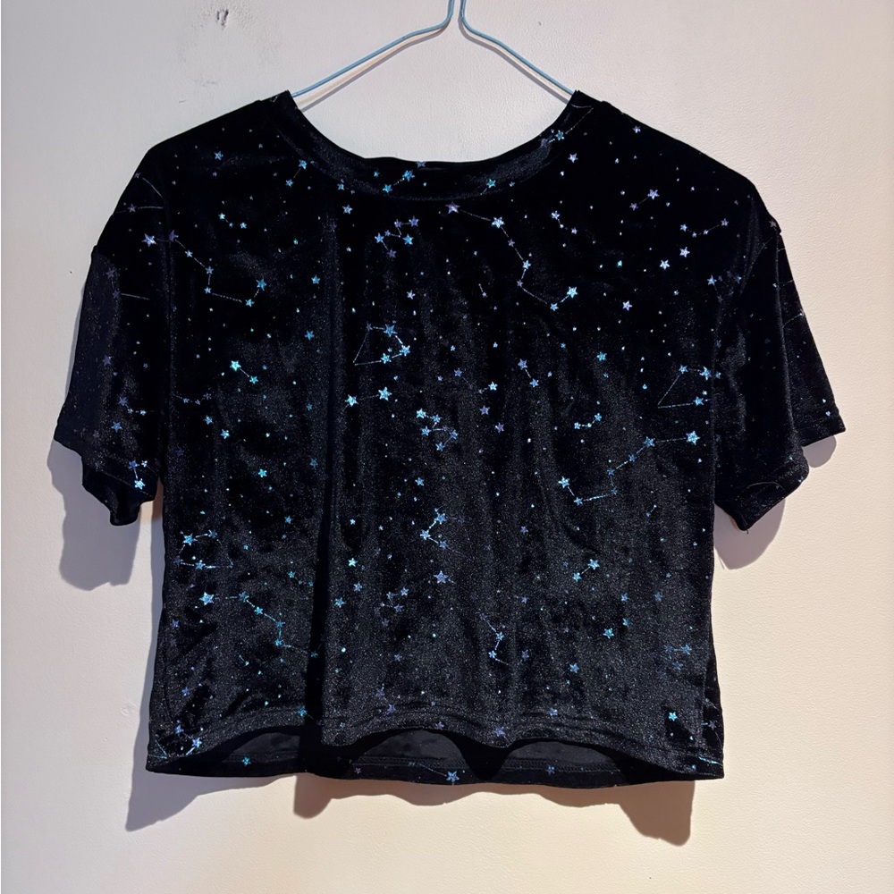 Hot Topic Black Velvet Constellation Boxy Girls Crop Top Size Small - Picture 3 of 7